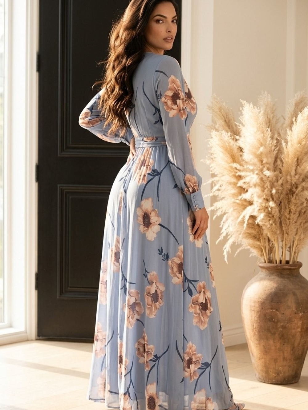 Women’s Light Blue Floral Wrap Maxi Dress - Picture 3 of 9